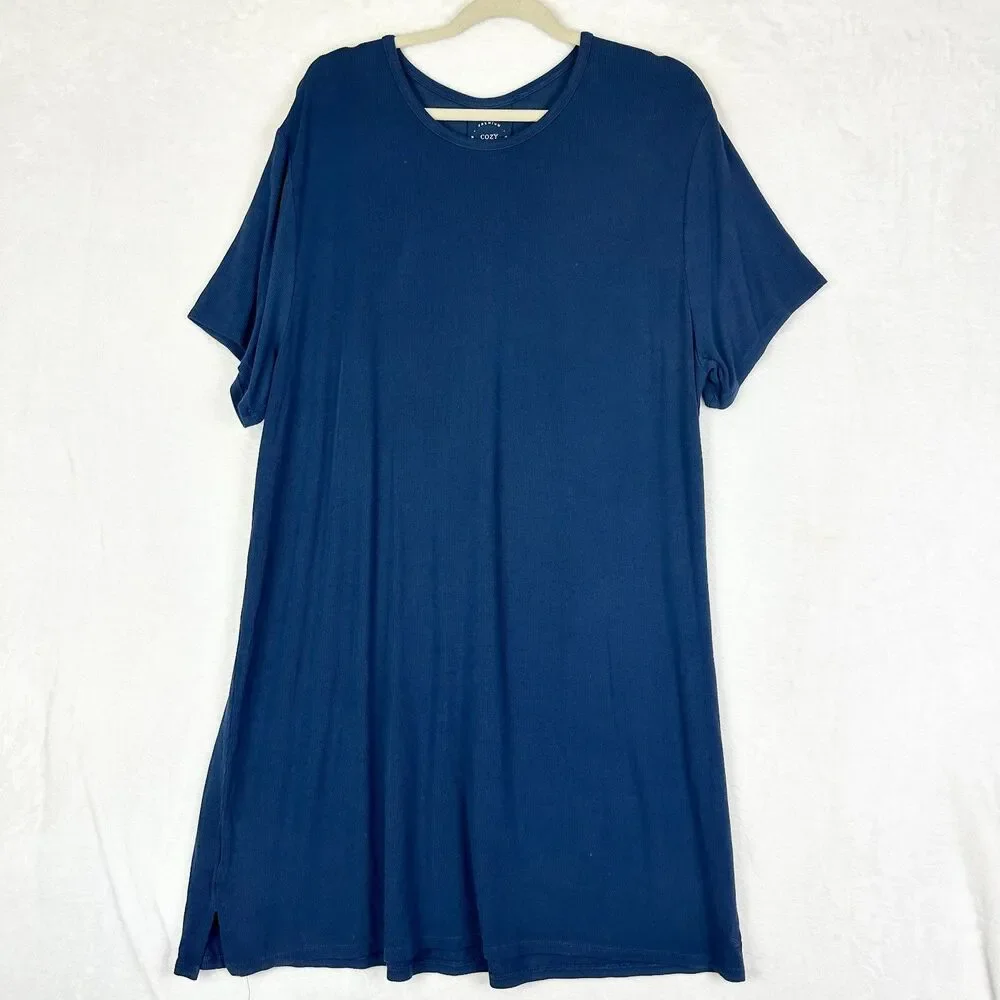 Cozy Earth Bamboo Rib Knit Boyfriend Sleep Dress Size Large Navy Blue